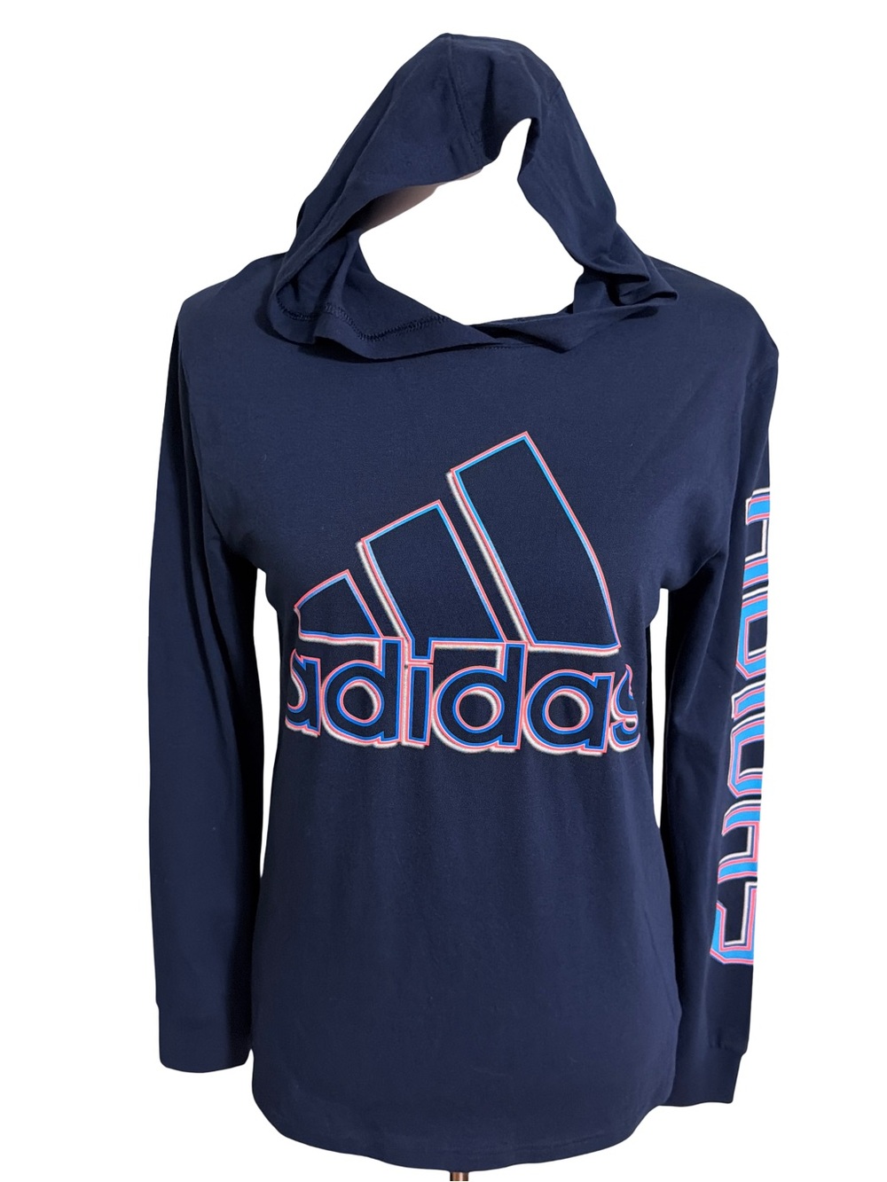 adidas Navy Blue Hooded Long Sleeve Sweatshirt with Pink & Light Blue Logo